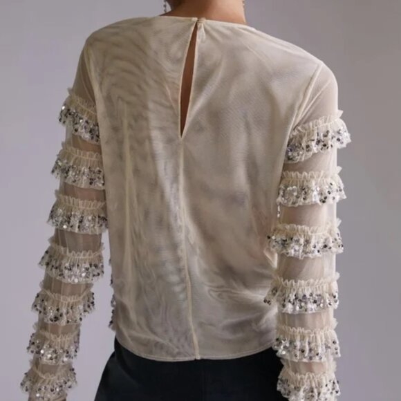LetMeBe Anthropologie Silver Sequins Taupe Tulle Ruffles Blouse Size M - Picture 2 of 7